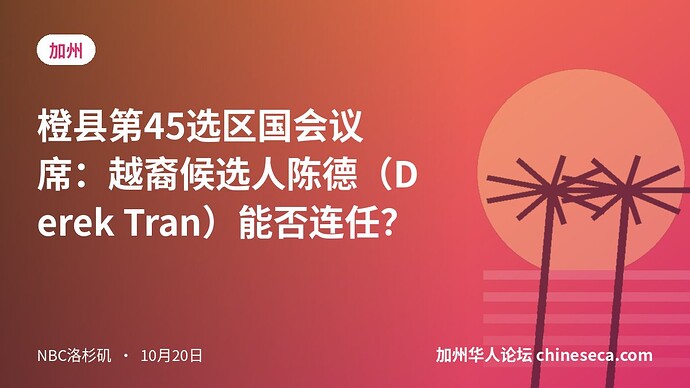 橙县第45选区国会议席:越裔候选人陈德(Derek Tran)能否连任?