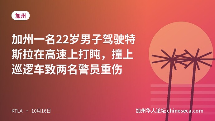 加州一名22岁男子驾驶特斯拉在高速上打盹，撞上巡逻车致两名警员重伤