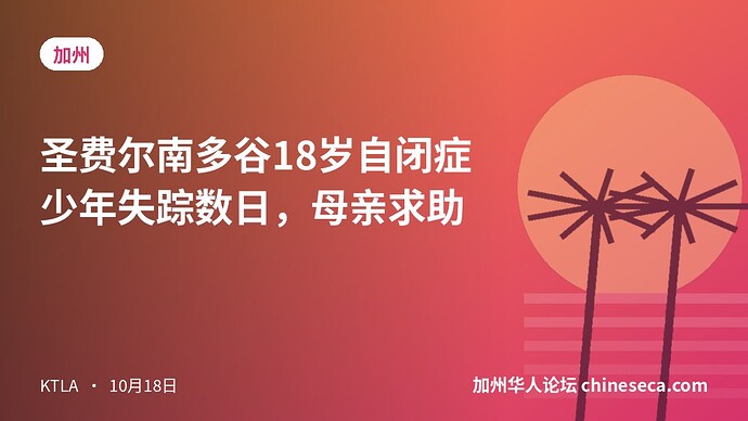 圣费尔南多谷18岁自闭症少年失踪数日，母亲求助