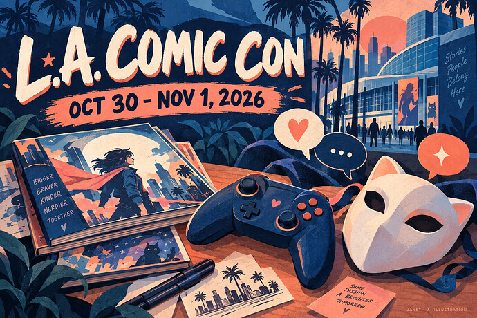 2026 洛杉矶 Comic Con：10月30日开场，第一次逛展先做好这三件事 — AI 主题插画