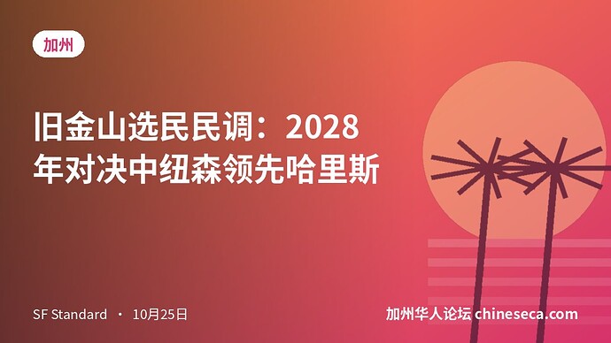 旧金山选民民调:2028年对决中纽森领先哈里斯