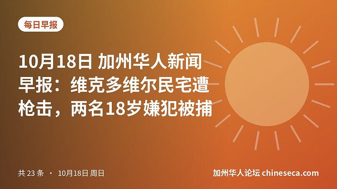 10月18日 加州华人新闻早报：维克多维尔民宅遭枪击，两名18岁嫌犯被捕