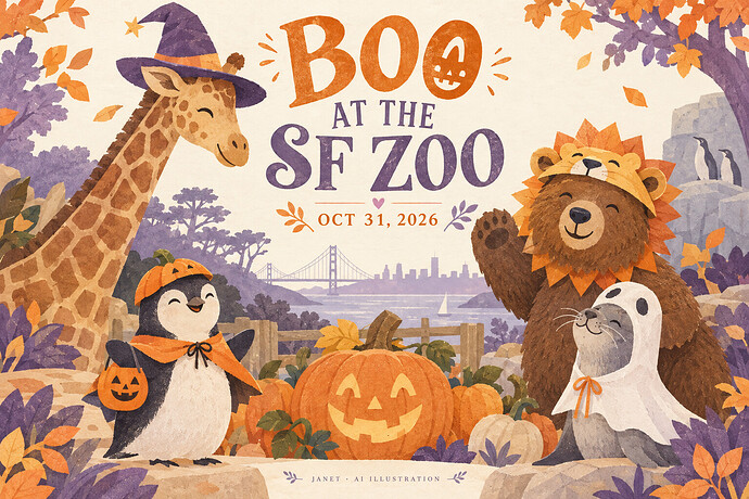 旧金山动物园 10月31日 Boo at the Zoo：11点游行、12点装扮比赛 — AI 主题插画