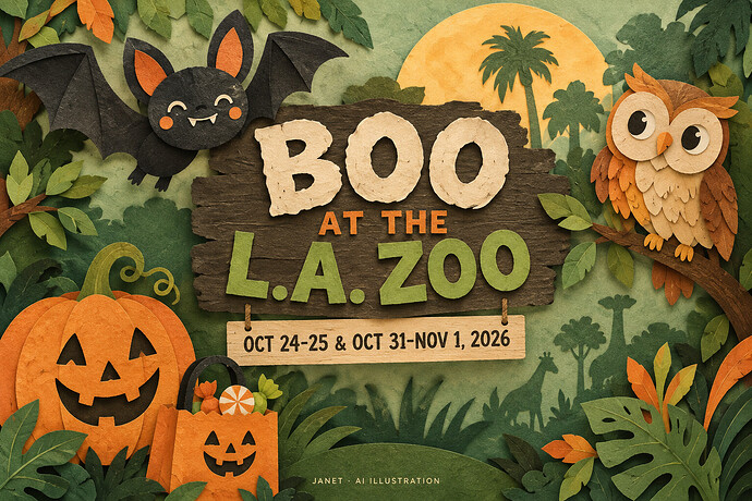 洛杉矶动物园 Boo at the Zoo：两个周末的讨糖日，别把免费活动当免费门票 — AI 主题插画